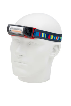 Schwarze Stirnleuchte mit verstellbarem Kopfband und integriertem Akku für Handwerkerbedarf.