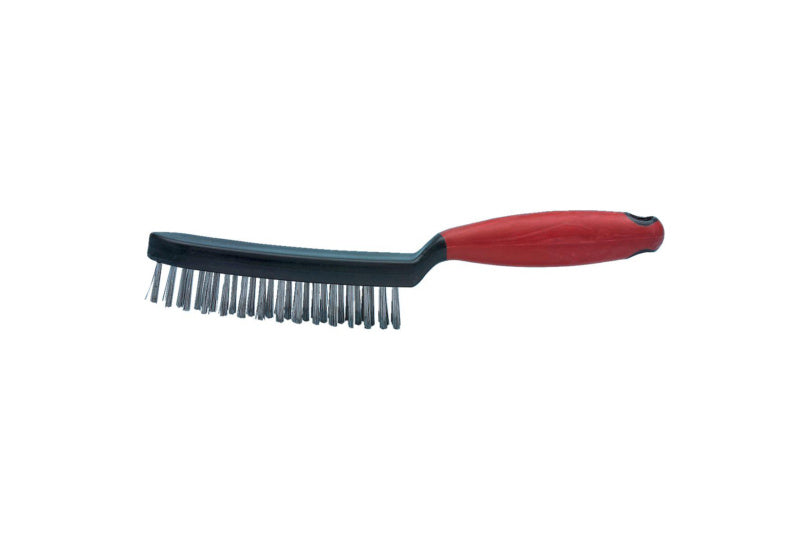 A metal wire brush with a sturdy handle, designed for cleaning and surface preparation.