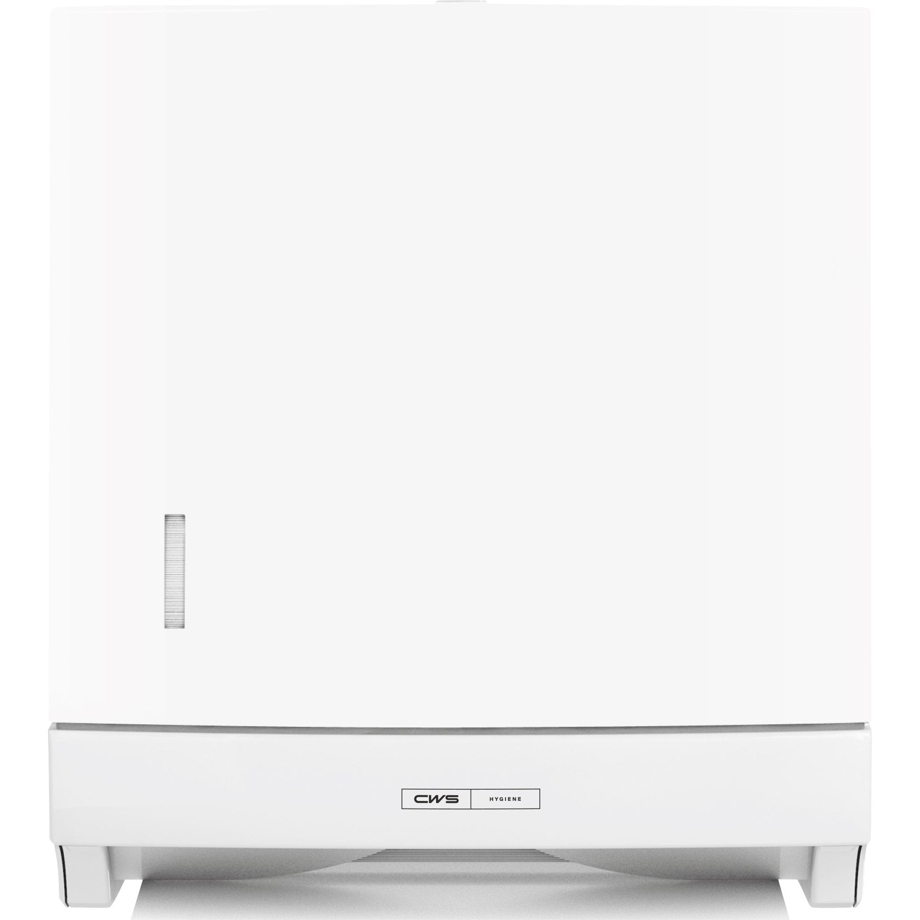 Weißer Papierhandtuchspender mit transparentem Sichtfenster und CWS HYGIENE Logo.