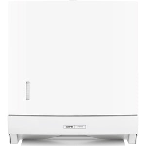 Weißer Papierhandtuchspender mit transparentem Sichtfenster und CWS HYGIENE Logo.