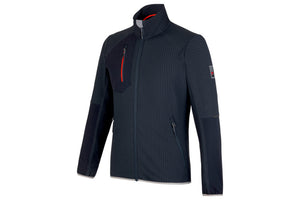 Dunkelblaue Fleecejacke mit durchgehendem Reißverschluss und praktischen Taschen aus stretchfähigem Material.