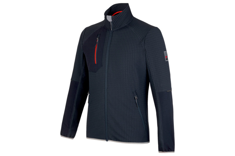 Dunkelblaue Fleecejacke mit durchgehendem Reißverschluss und praktischen Taschen aus stretchfähigem Material.