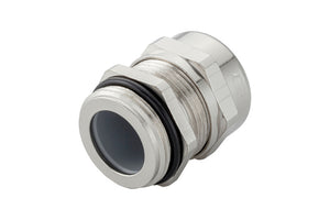 Kabelverschraubung aus Messing mit metrischem Gewinde und integrierter Dichtung für Kabelschutz.