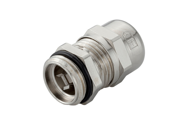 Kabelverschraubung aus Messing mit metrischem Gewinde und Dichtlippe für Kabelschutz.