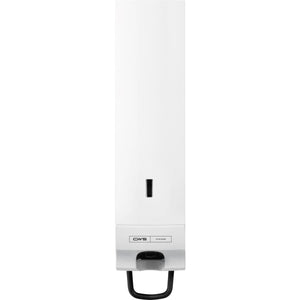 Weißer Seifencremespender Paradise Cream Slim mit Panel und schwarzem Bügel.