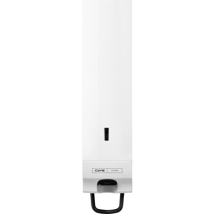 Weißer Seifencremespender Paradise Cream Slim mit Panel und schwarzem Bügel.