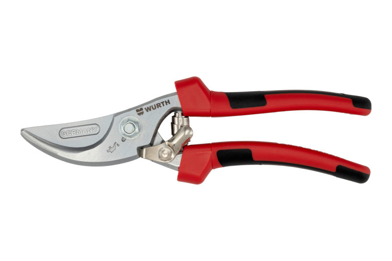 Gartenschere aus rostfreiem Edelstahl mit ergonomischen Griffen und Sicherheitsverschluss.