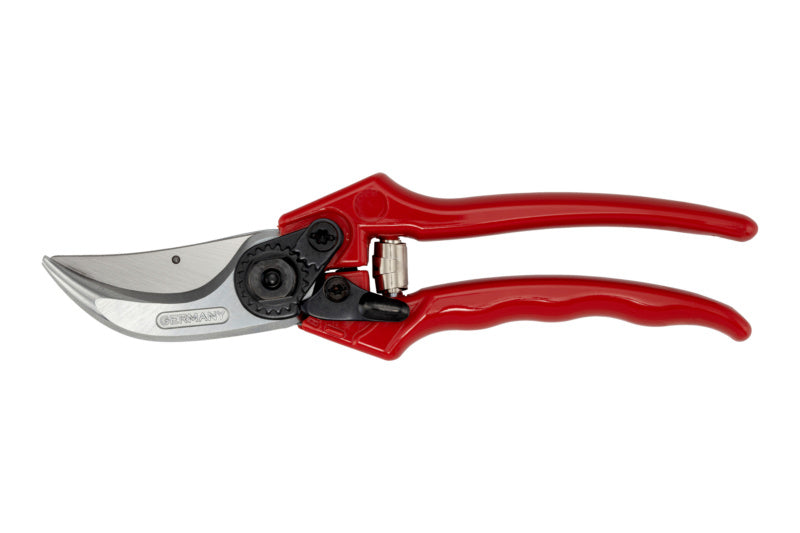 Gartenschere GARTSHER aus rostfreiem Edelstahl mit ergonomischen, rutschfesten Griffen und Sicherheitsverschluss.