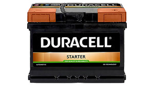 Black Duracell starter battery with a compact design and clear labeling.