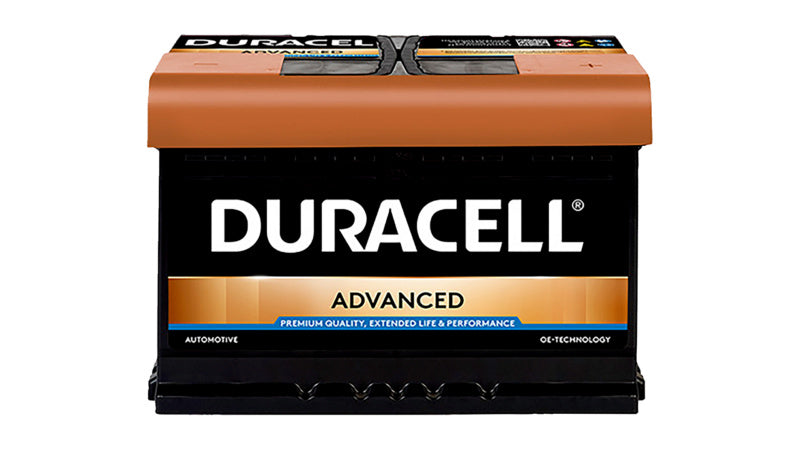 STARTBATT Duracell Advanced DA74 car battery with black and orange casing and visible terminals