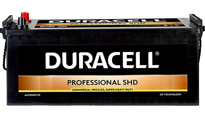 Duracell Professional DP180SHD battery with black and orange casing shown from the side.