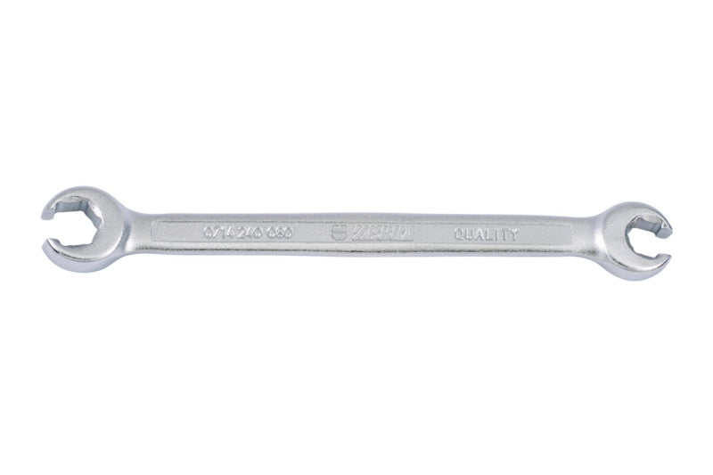 Open-end metric double ring wrench with a polished finish and ergonomic grip.
