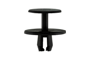 Black plastic expansion rivet for BMW vehicles, featuring a cylindrical shape and smooth surface.
