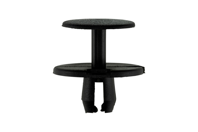 Black plastic expansion rivet for BMW vehicles, featuring a cylindrical shape and smooth surface.