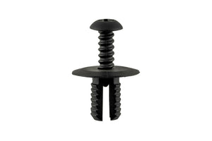 Schwarzer Schraubniet mit rundem Kopf und Gewinde für Befestigungen.