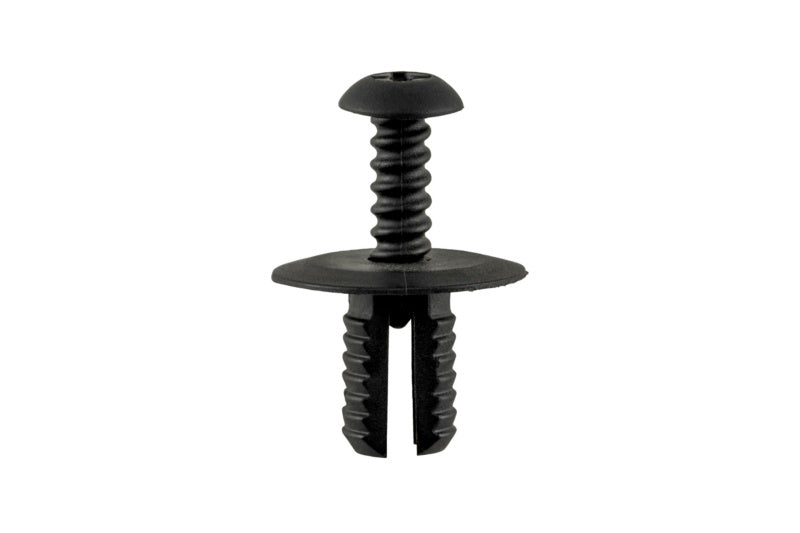 Schwarzer Schraubniet mit rundem Kopf und Gewinde für Befestigungen.