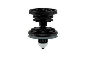 Black plastic clip made of PA66, designed for secure fastening in various applications.