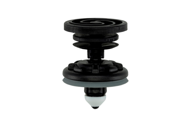 Black plastic clip made of PA66, designed for secure fastening in various applications.