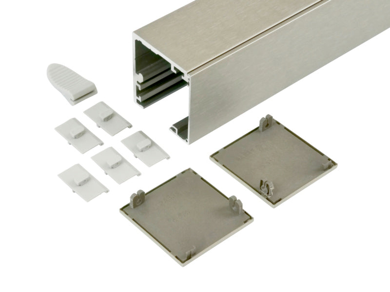 Schiebetürbeschlag-Set mit Führungsschienen und Rollen für Zimmertüren in modernem Design.