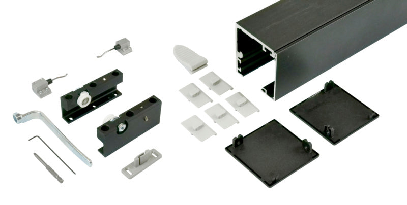 Moderner Schiebetürbeschlag für Zimmertüren mit robustem, funktionalem Design in Metalloptik.