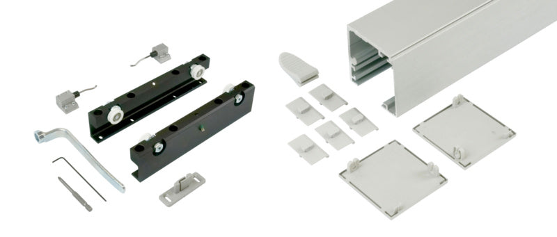 Robuster Schiebetürbeschlag für Zimmertüren mit schlankem, modernem Design und einfacher Montage.