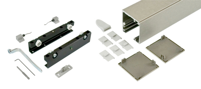 Moderner Schiebetürbeschlag aus Stahl für Zimmertüren mit rostfreien Komponenten.