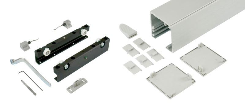 Schiebetürbeschlag für Zimmertüren in modernem Design und robuster Stahlkonstruktion.