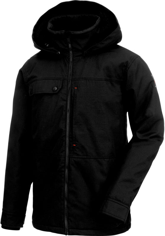 Schwarze Winter-Wetterschutzjacke mit Kapuze, verstellbaren Bündchen und mehreren Taschen.