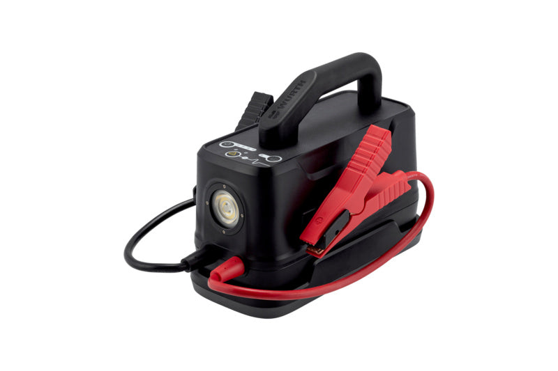 Compact 12V lithium-ion battery starter with a sleek design and portable build.