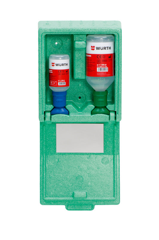 Zwei Flaschen Augen- und Körperspülung in praktischer Wandbox zur Notfallversorgung.