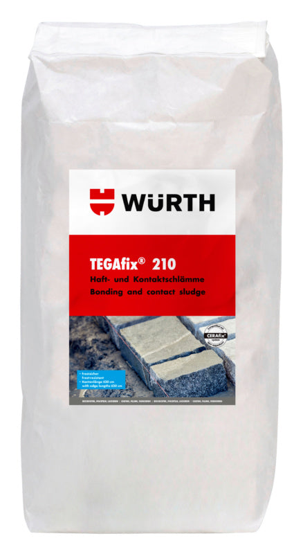 Gray 25kg bag of GRNDG-Tegafix 210 contact adhesive with clear labeling and handle.