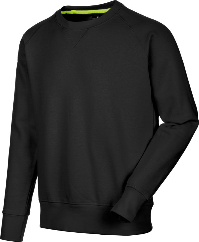 Schwarzer Arbeitspullover mit Rundhalsausschnitt, Kängurutasche und elastischen Bündchen.