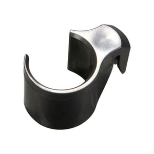Schwarzer Rohrhalteclip mit silberner Oberseite.