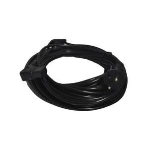 Schwarzes Stromkabel mit zwei Steckern, aufgerollt.