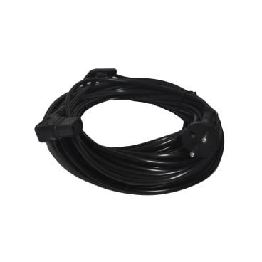 Schwarzes Stromkabel mit zwei Steckern, aufgerollt.