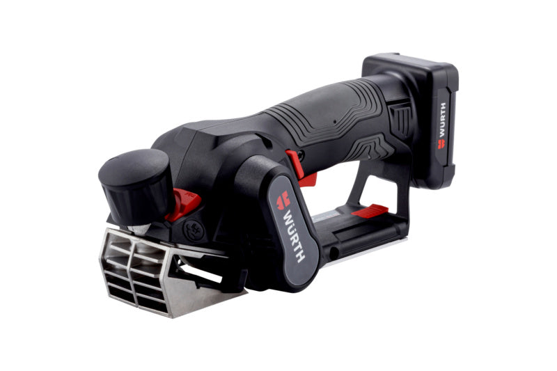 Akku-Hobel mit ergonomischem Griff, Staubabsaugung und 82 mm Hobelbreite in Schwarz und Gelb.