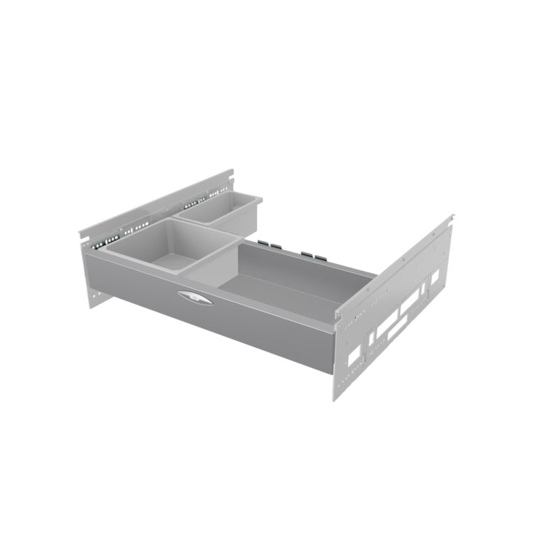 Mülltrennsystem mit mehreren Fächern für Restmüll, Bioabfall, Papier und Recycling in Schublade.