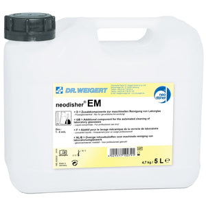 5-liter canister of Neodisher EM cleaner with a handle and spout for easy pouring.