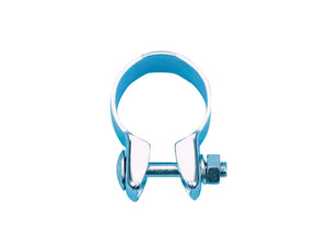 A metal exhaust clamp with a circular design and mounting holes for secure attachment.