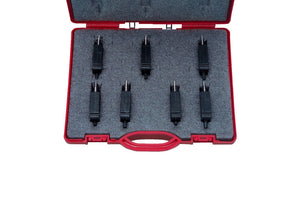 Set of seven black automatic diagnostic tools with digital displays and buttons.