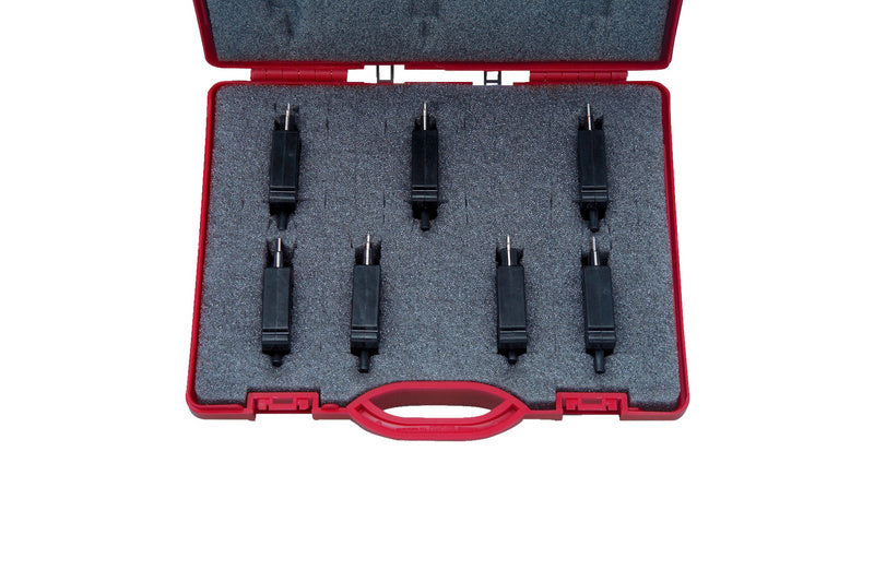 Set of seven black automatic diagnostic tools with digital displays and buttons.