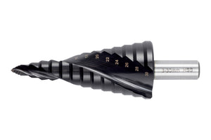 Stufenbohrer mit Spiralform und Alu-Beschichtung für präzises Bohren in fünf Stufen