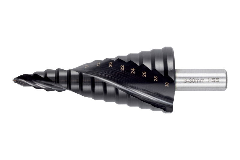 Stufenbohrer mit Spiralform und Alu-Beschichtung für präzises Bohren in fünf Stufen