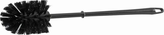 Schwarze Kunststoff-WC-Bürste mit langem Griff und Aufhängeöse.