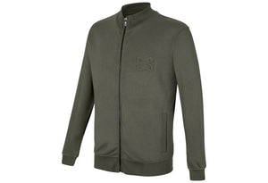 Moosgraue Sweatjacke X-FINITY mit Kapuze, Reißverschluss und elastischen Bündchen.