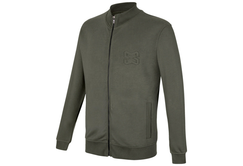 Moosgraue Sweatjacke X-FINITY mit Kapuze, Reißverschluss und elastischen Bündchen.