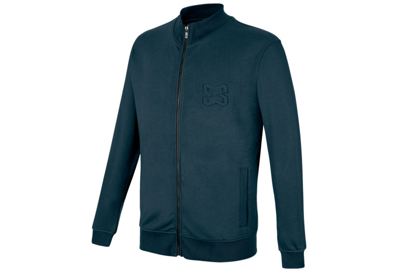 Marineblaue Sweatjacke mit Kapuze, Reißverschluss und seitlichen Eingrifftaschen.