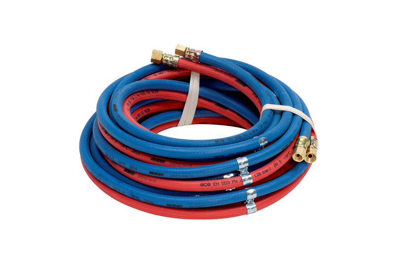 Schwarzer Hochdruckschlauch für Autogenschweißen mit DIN8541 Norm und Metallanschlüssen.