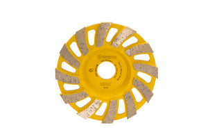 Runder Schleiftopf mit Diamantbeschichtung und Segmenten für Beton und Steinbearbeitung.