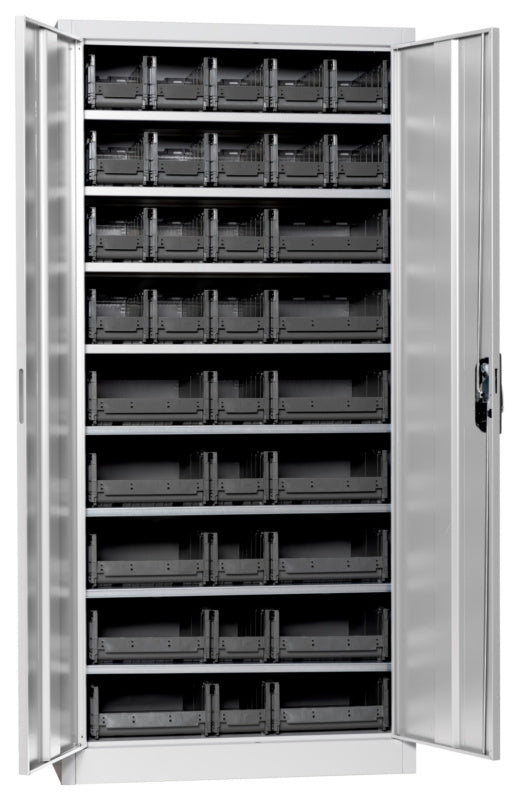 Flügeltürenschrank Lagerbox-FLGTRSHRNK-VOLLBL-SLB-FB522-BOX-RAL7035     Verpackungsinhalt    1 Einheit